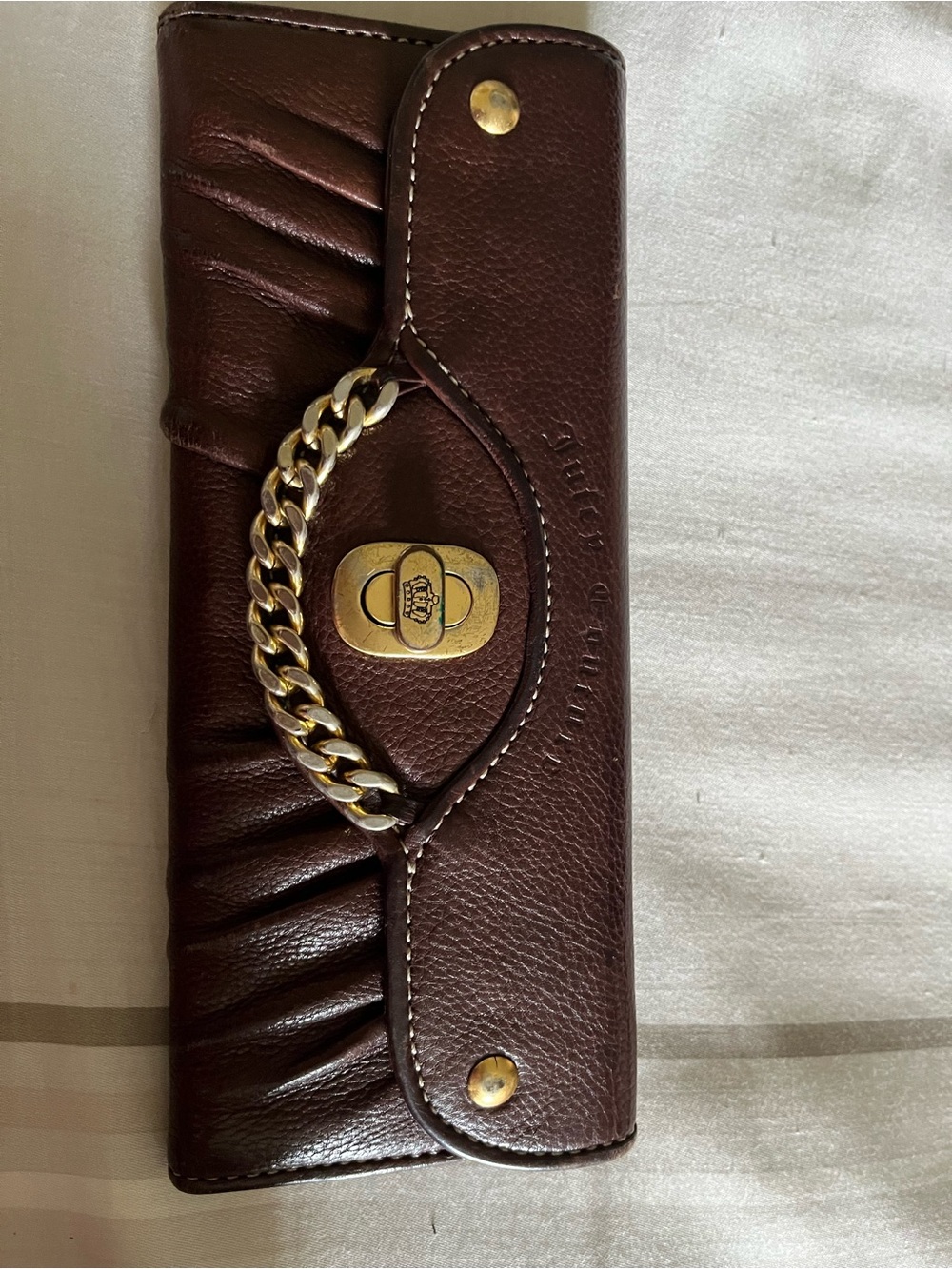 Juicy Couture Y2K Juicy Princes Dark Brown Leather Wallet with Gold Chain Accent